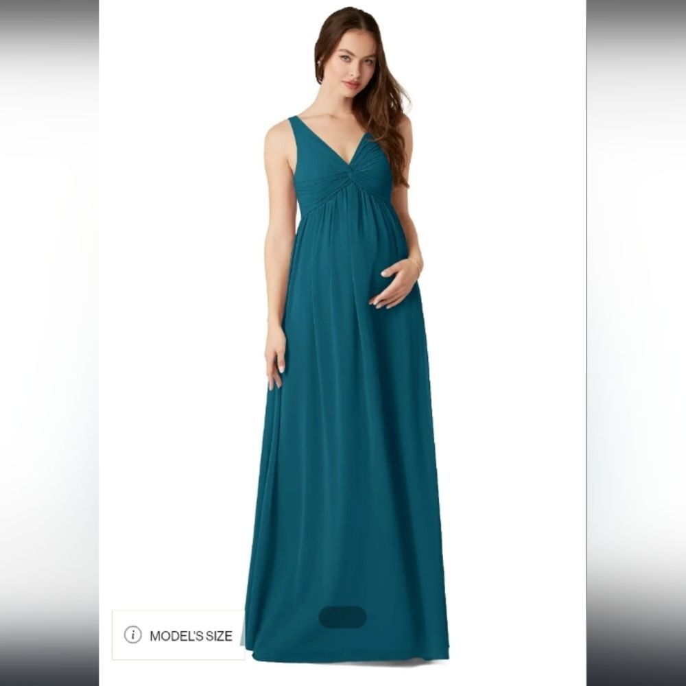 Azazie Yetta A-Line V-Neck Gathered Chiffon Flooe Length Dress Ink Blue A12